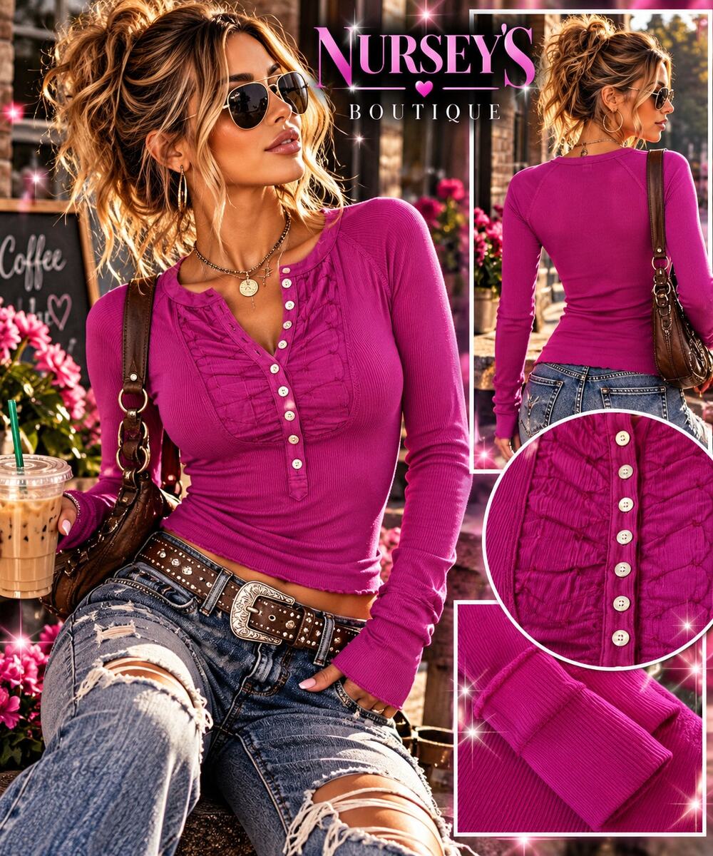 Chaudry K Y2K Fuchsia Ribbed Henley Top S Long Sleeve Boho Pink